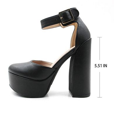 DREAMER-3 Platform Ankle Strap Block Heel Pumps