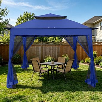 SHADE GRAPHIX 11x11 Outdoor Instant Pop Up Gazebo with Mesh Netting and Double Roof,Blue