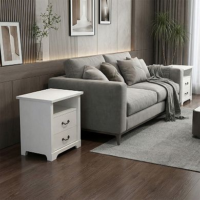 Rustic Distressed Nightstands (Set of 2) with Open Shelf and 2 Drawers
