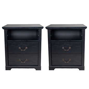 Rustic Distressed Nightstands (Set of 2) with Open Shelf and 2 Drawers