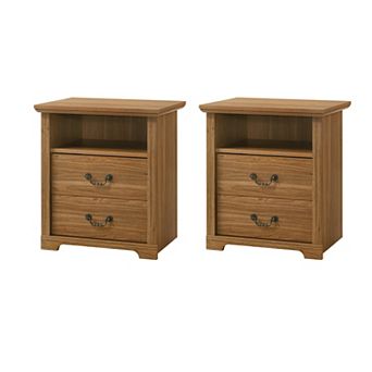 Rustic Distressed Nightstands (Set of 2) with Open Shelf and 2 Drawers