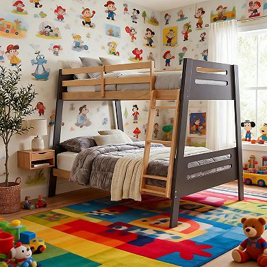 Contemporary Twin Over Twin Bunk Bed with Attached Angled Ladder