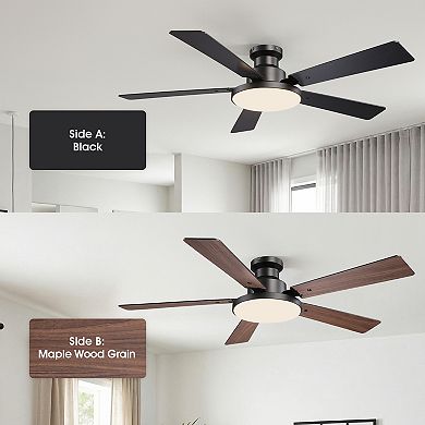52" Modern Smart Black Flush Mount Ceiling Fan with Dimmable LED Light and Remote, APP Control
