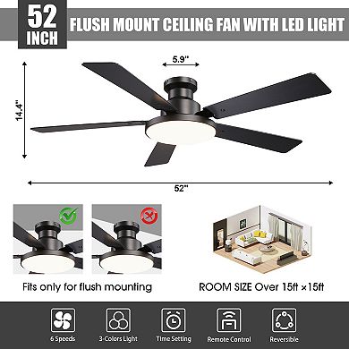 52" Modern Smart Black Flush Mount Ceiling Fan with Dimmable LED Light and Remote, APP Control