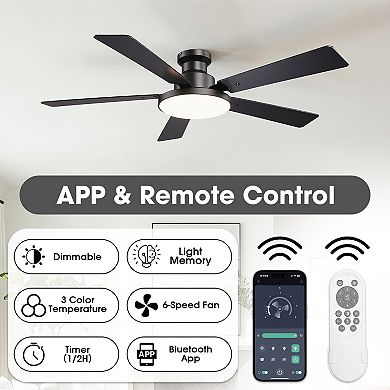 52" Modern Smart Black Flush Mount Ceiling Fan with Dimmable LED Light and Remote, APP Control