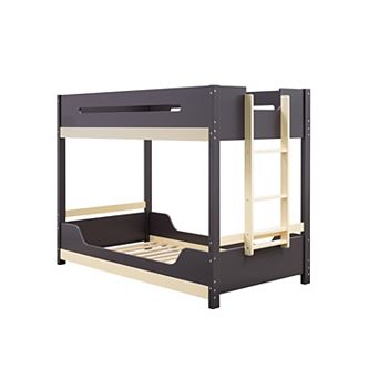 Contemporary Oak Twin Over Twin Low Bunk Bed with Attached Side Ladder