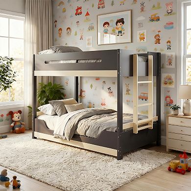 Contemporary Oak Twin Over Twin Low Bunk Bed with Attached Side Ladder