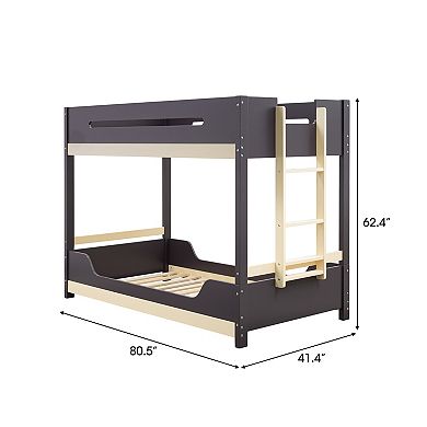 Contemporary Oak Twin Over Twin Low Bunk Bed with Attached Side Ladder