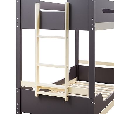 Contemporary Oak Twin Over Twin Low Bunk Bed with Attached Side Ladder