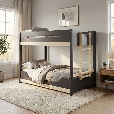 Contemporary Oak Twin Over Twin Low Bunk Bed with Attached Side Ladder