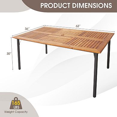 Costway Patio Rectangular Acacia Wood Dining Table with 1.9''Umbrella Hole Indoor&Outdoor
