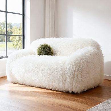 Modern Faux Fur 360°Swivel Loveseat with Ball Pillows
