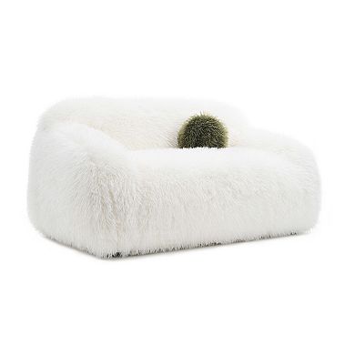 Modern Faux Fur 360°Swivel Loveseat with Ball Pillows