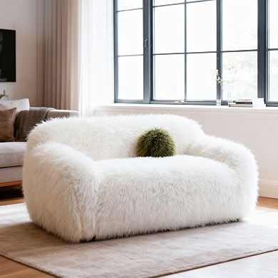 Modern Faux Fur 360°Swivel Loveseat with Ball Pillows