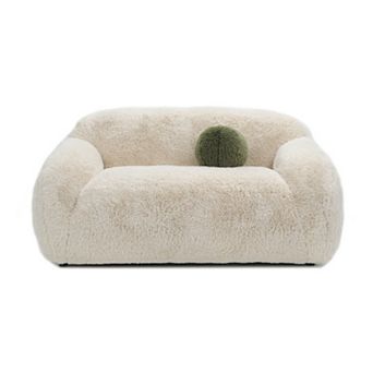 Modern Faux Fur 360°Swivel Loveseat with Ball Pillows