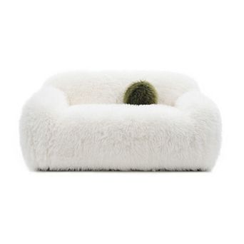 Modern Faux Fur 360°Swivel Loveseat with Ball Pillows