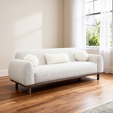 84" Mid-Century 3-Seater Chenille Sofa Plush Bench Seating with Faux Fur Accent Cushions