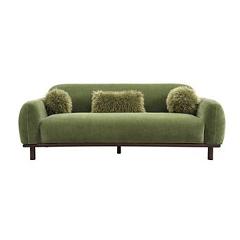 84" Mid-Century 3-Seater Chenille Sofa Plush Bench Seating with Faux Fur Accent Cushions