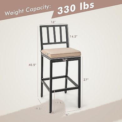 Costway Set of 2 Patio Metal Bar Stools Outdoor Bar Height Dining Chairs with Cushion