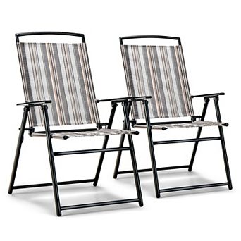 Costway 2 pc Patio Folding Sling Chairs Dining Armrest Backrest Outdoor Portable Streak