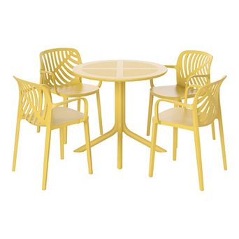 5 pc Outdoor Resin Round Patio Dining Table Set with Modern Stackable Patio Dining Chairs