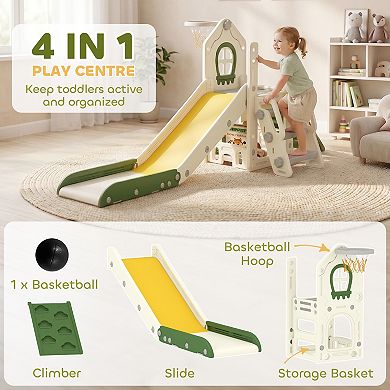 Qaba Foldable 4 in 1 Toddler Slide with Climber, Basketball Hoop, Storage