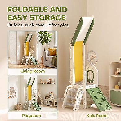 Qaba Foldable 4 in 1 Toddler Slide with Climber, Basketball Hoop, Storage