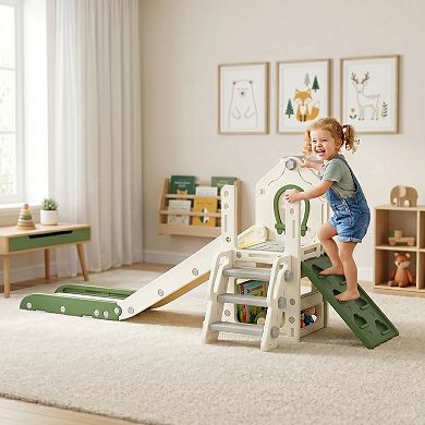 Qaba Foldable 4 in 1 Toddler Slide with Climber, Basketball Hoop, Storage