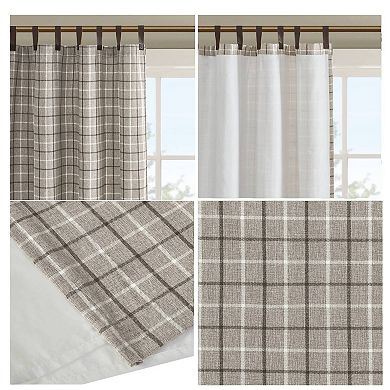 1-Piece Plaid Faux Leather Tab Top Curtain Panel with Fleece Lining Brown