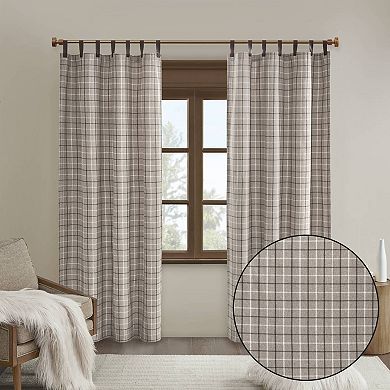 1-Piece Plaid Faux Leather Tab Top Curtain Panel with Fleece Lining Brown