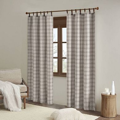 1-Piece Plaid Faux Leather Tab Top Curtain Panel with Fleece Lining Brown