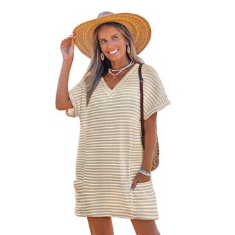 Women's Cupshe Casual Loose Fit Waffle Knit Cover-Up Mini Dress