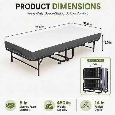 BAOURE Metal Rollaway Bed with Memory Foam Mattress 450lb Capacity Folding Guest Bed