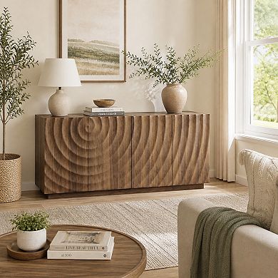 BAOURE MDF And Pine Modern Four Door Buffet Cabinet With Textured Doors And Storage