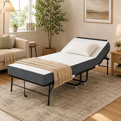BAOURE Metal Folding Bed Adjustable Headboard 5 Inch Memory Foam Portable Guest Bed