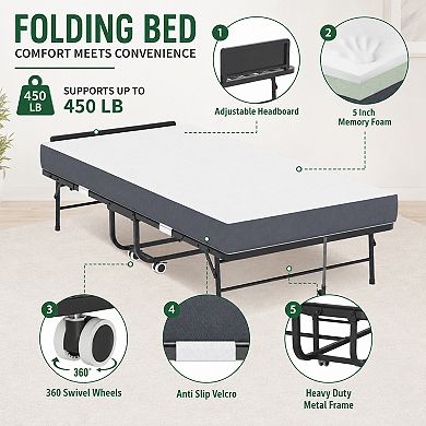 BAOURE Metal Folding Bed Adjustable Headboard 5 Inch Memory Foam Portable Guest Bed