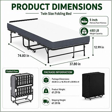 BAOURE Metal Folding Bed Adjustable Headboard 5 Inch Memory Foam Portable Guest Bed