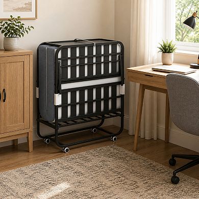 BAOURE Metal Folding Bed Adjustable Headboard 5 Inch Memory Foam Portable Guest Bed