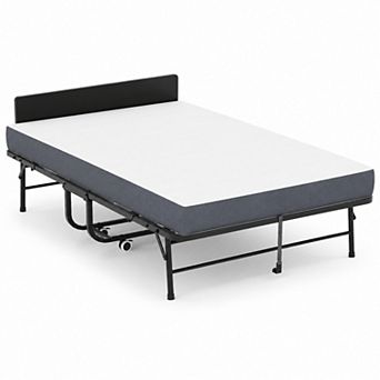 BAOURE Metal Folding Guest Bed Adjustable Headboard Memory Foam Mattress with Wheels
