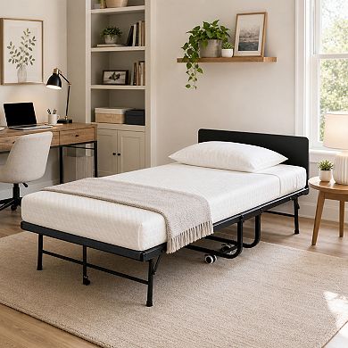 BAOURE Metal Folding Guest Bed Adjustable Headboard Memory Foam Mattress with Wheels