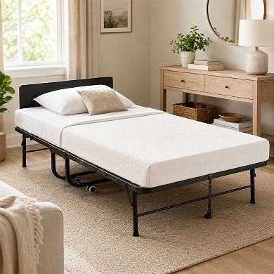 BAOURE Metal Folding Guest Bed Adjustable Headboard Memory Foam Mattress with Wheels