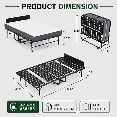 BAOURE Metal Folding Guest Bed Adjustable Headboard Memory Foam Mattress with Wheels