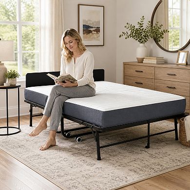 BAOURE Metal Folding Guest Bed Adjustable Headboard Memory Foam Mattress with Wheels