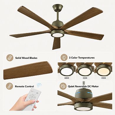 BAOURE Solid Wood Modern Ceiling Fan with Light and Remote Reversible Quiet DC Motor