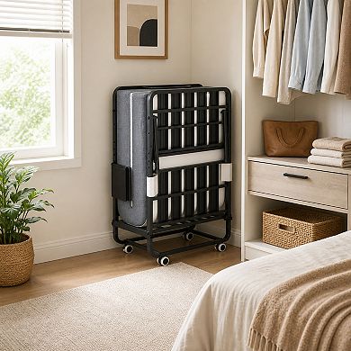 BAOURE Metal Portable Foldable Guest Bed with Memory Foam Mattress and Locking Wheels