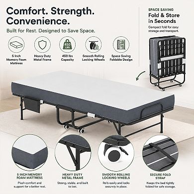 BAOURE Metal Portable Foldable Guest Bed with Memory Foam Mattress and Locking Wheels