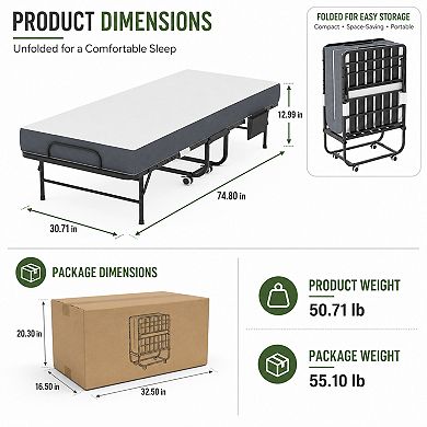 BAOURE Metal Portable Foldable Guest Bed with Memory Foam Mattress and Locking Wheels
