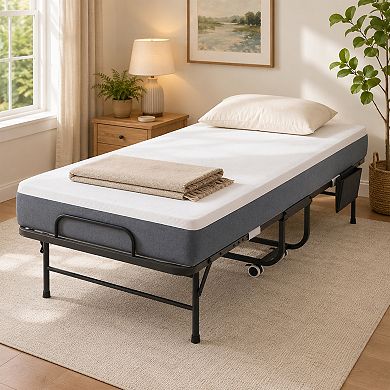BAOURE Metal Portable Foldable Guest Bed with Memory Foam Mattress and Locking Wheels