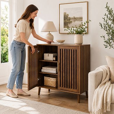 BAOURE Particle Board and MDF Farmhouse Sideboard Buffet Cabinet with Louvered Doors