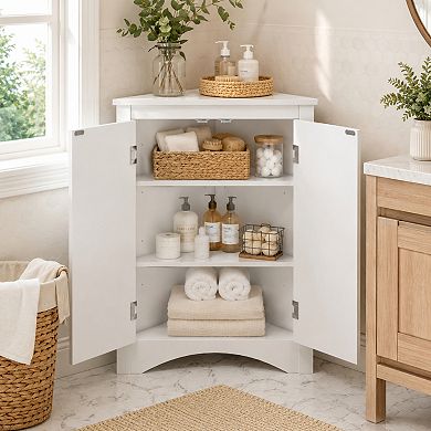 BAOURE MDF Corner Floor Storage Cabinet with Adjustable Shelves for Bathroom and Kitchen